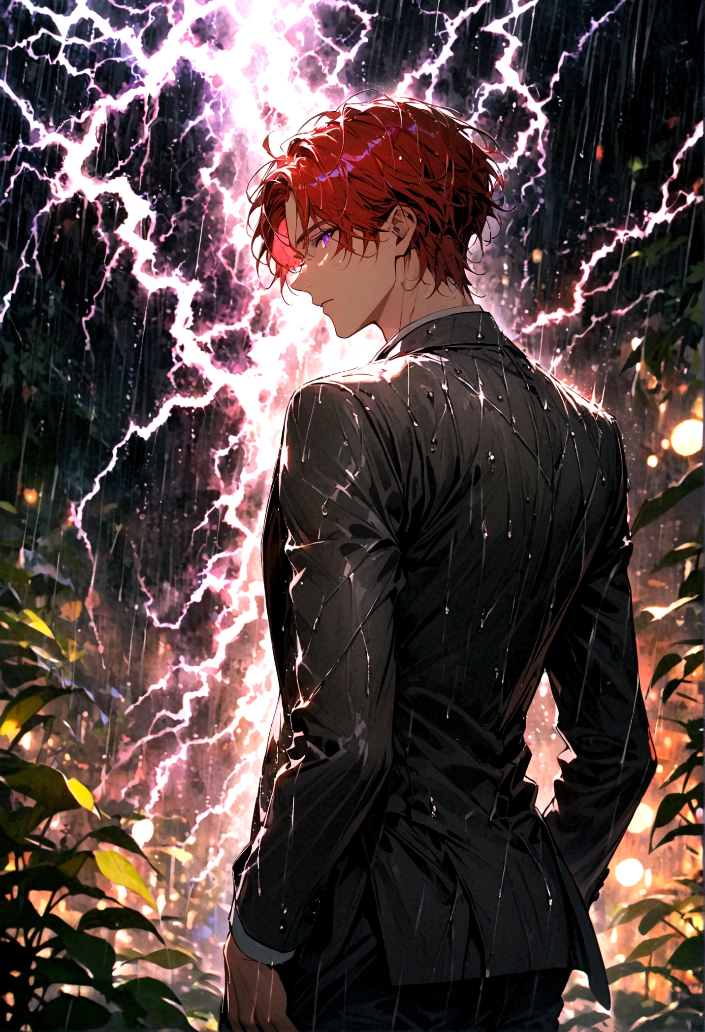A young man with red hair and purple eyes in a gray suit stood alone with his back turned halfway in the rain, with lightning all around him at night.