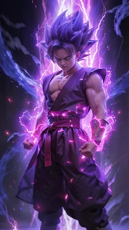 ((1 beautiful boy, martial arts dresses, lighting purple energy aura, from dragonball)),Raw photo,ultra realistic, uhd, realistic skin and metal, best quality,16k resolution,vivid colors, photo realistic