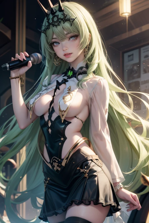 Mobius_(honkai impact 3rd), ornament hair, crown, perfectly body, perfectly hands, wave hair, green hair, long hair, green eyes, black dress, more details on her clothes, black dress with gold details, night, ornament hair, long hair, 1 girl, Looking at the audience, on the stage holding a microphone, flowing hair, Beautiful Eyes, Plump and glossy lips, Idol, dress with too many frills, black dress, white laces, black Short skirt, Drape clothes, green gem, Lace trim, bright stage, luxury gold details, gold jewelry, more details, best quality, Big sparkling eyes, blushing, Striped Lace Stockings, black ta skirt, sparkle, solo, centered girl, cowboy shot, perfectly body, perfectly hands, two arms, two legs, two hands, five fingers, perfect anatomy, glowing hair, white roses, 1girl, dress, solo, flowing hair, floating hair, ornament hair, perfectly body, perfectly hands, on the stage, sparkles, more details on her clothes, dress with transparency, golden details on her dress, night, holding a microphone, ((4k, masterpiece, top-quality)), 8k, best quality, high resolution, UHD, (illustration:0.8), super cute girl, delicate and beautiful face, mature girl, super cute hairstyle, (beautiful detailed eyes:1.6), extremely detailed face, perfect lighting, extremely detailed CG, (perfect hands, perfect anatomy), Best quality