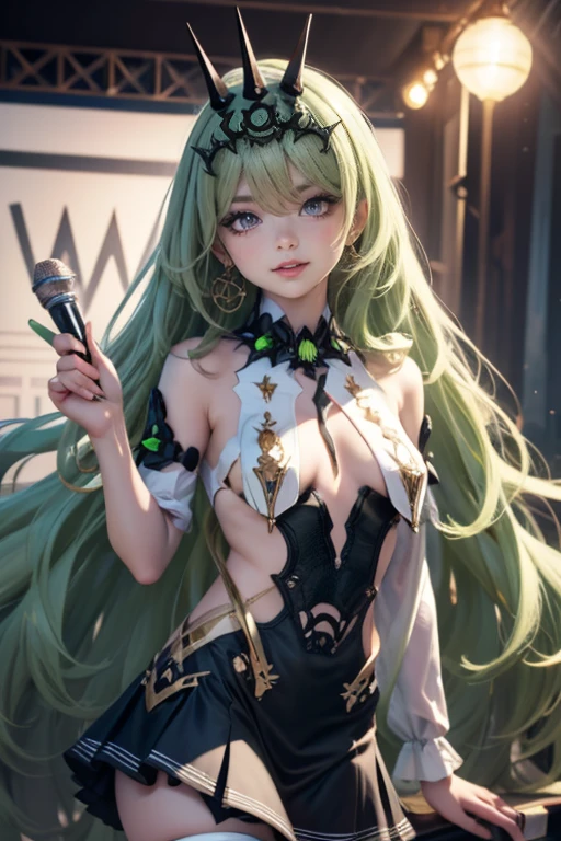 Mobius_(honkai impact 3rd), ornament hair, crown, perfectly body, perfectly hands, wave hair, green hair, long hair, green eyes, black dress, more details on her clothes, black dress with gold details, night, ornament hair, long hair, 1 girl, Looking at the audience, on the stage holding a microphone,  flowing hair, Beautiful Eyes, Plump and glossy lips, Idol, dress with too many frills, black dress, white laces, black Short skirt, Drape clothes, green gem, Lace trim, bright stage, luxury gold details, gold jewelry, more details, best quality, Big sparkling eyes, blushing, Striped Lace Stockings, black Lolita skirt, sparkle, solo, centered girl, cowboy shot, perfectly body, perfectly hands, two arms, two legs, two hands, five fingers, perfect anatomy, glowing hair, white roses, 1girl, dress, solo, flowing hair, floating hair, ornament hair, perfectly body, perfectly hands, on the stage, sparkles, more details on her clothes, dress with transparency, golden details on her dress, night, holding a microphone, ((4k, masterpiece, top-quality)), 8k, best quality, high resolution, UHD, (illustration:0.8), super cute girl, delicate and beautiful face, mature girl, super cute hairstyle, (beautiful detailed eyes:1.6), extremely detailed face, perfect lighting, extremely detailed CG, (perfect hands, perfect anatomy), Best quality 