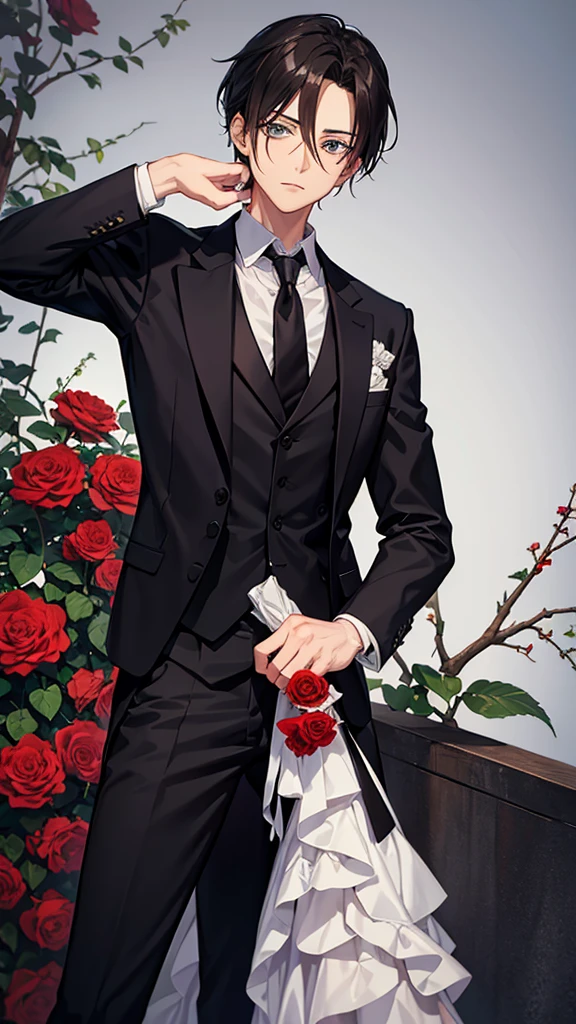 Levi Ackerman in a formal suit, handing a rose to the camera, whole body