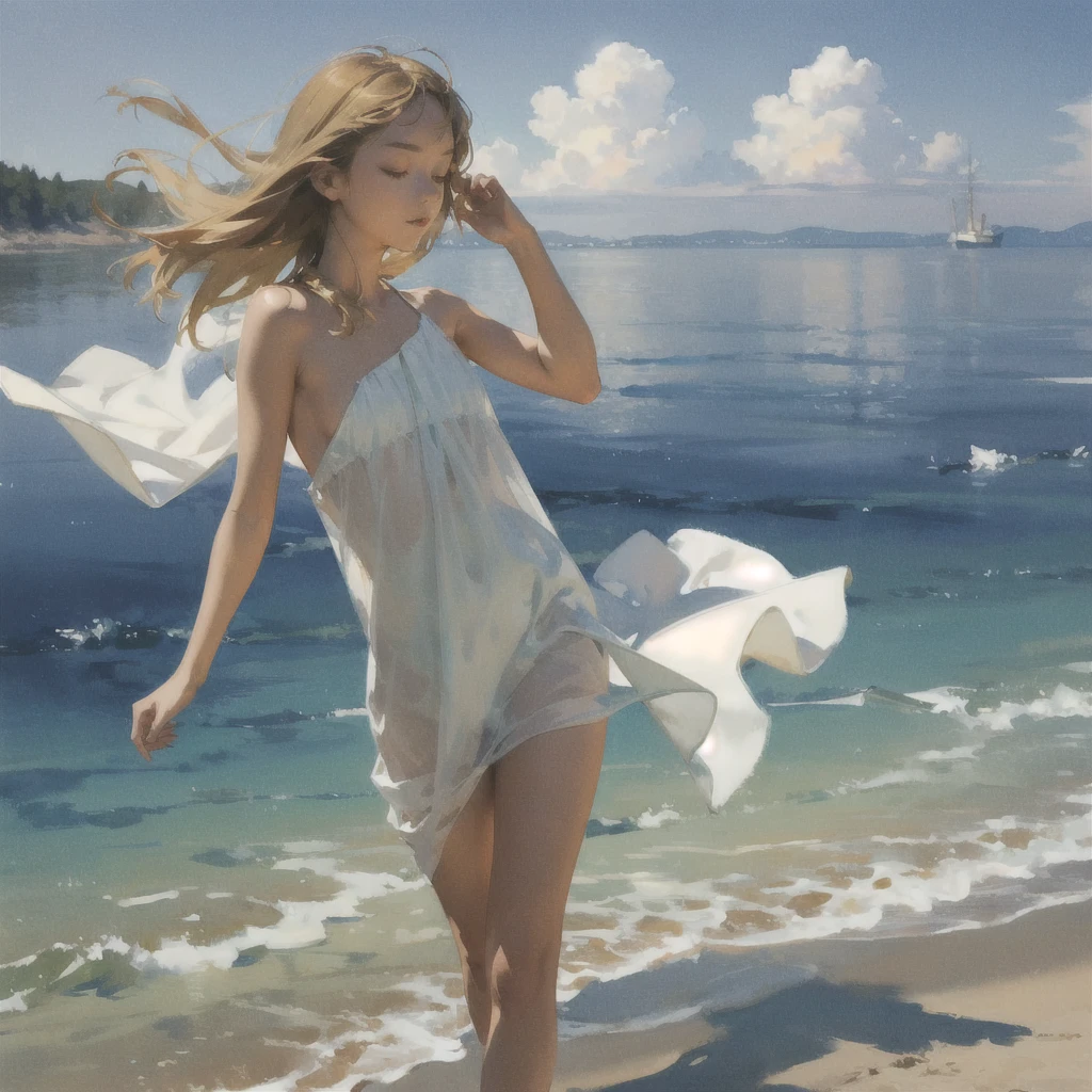 Tranquil voyager girl, Paint in watercolor style, Photorealism, discreet golden and ruby and mint shades, naked tender modest girl barefoot