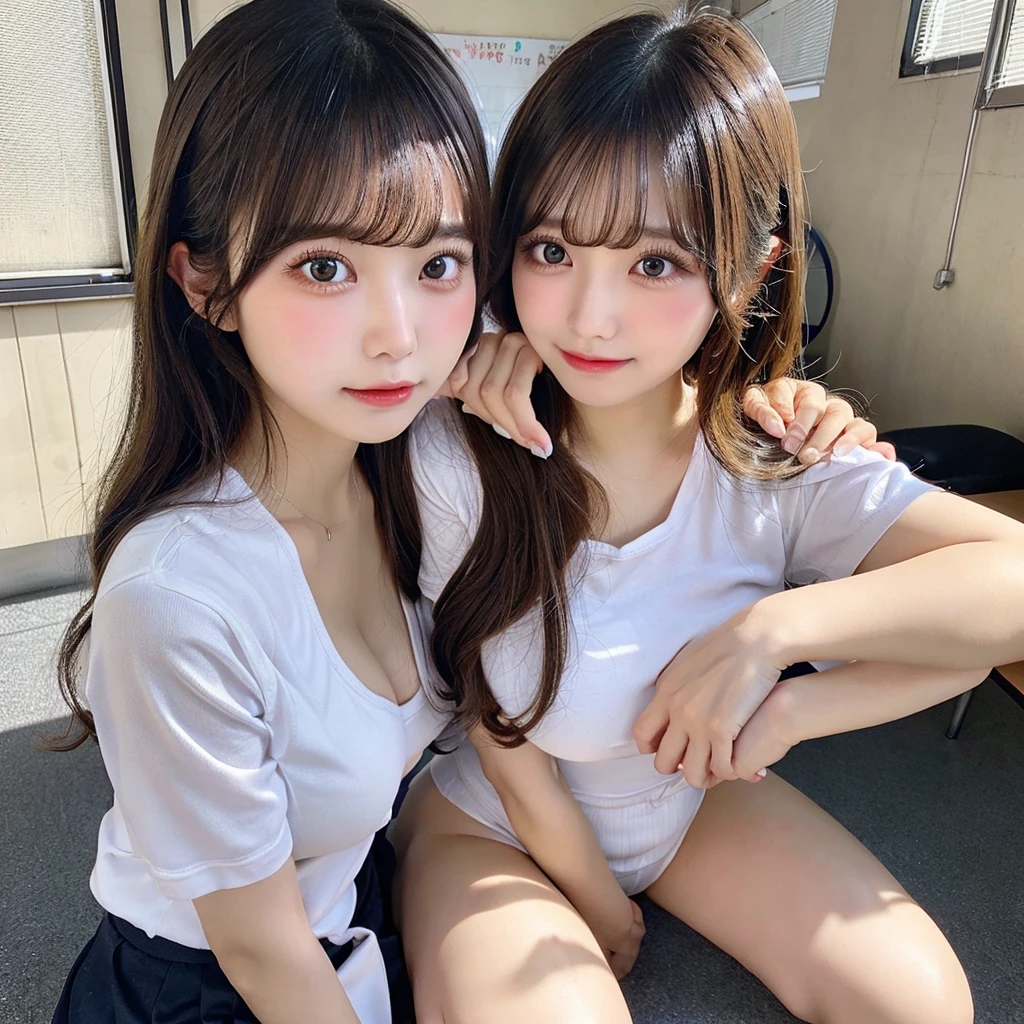 NSFW,(Super big breasts、valley),(Raise your knees and open your legs、Raise your arms)、Wearing 、(High school classroom)、double eyelids、Tear bags、Big, round eyes、Long eyelashes)、highest quality