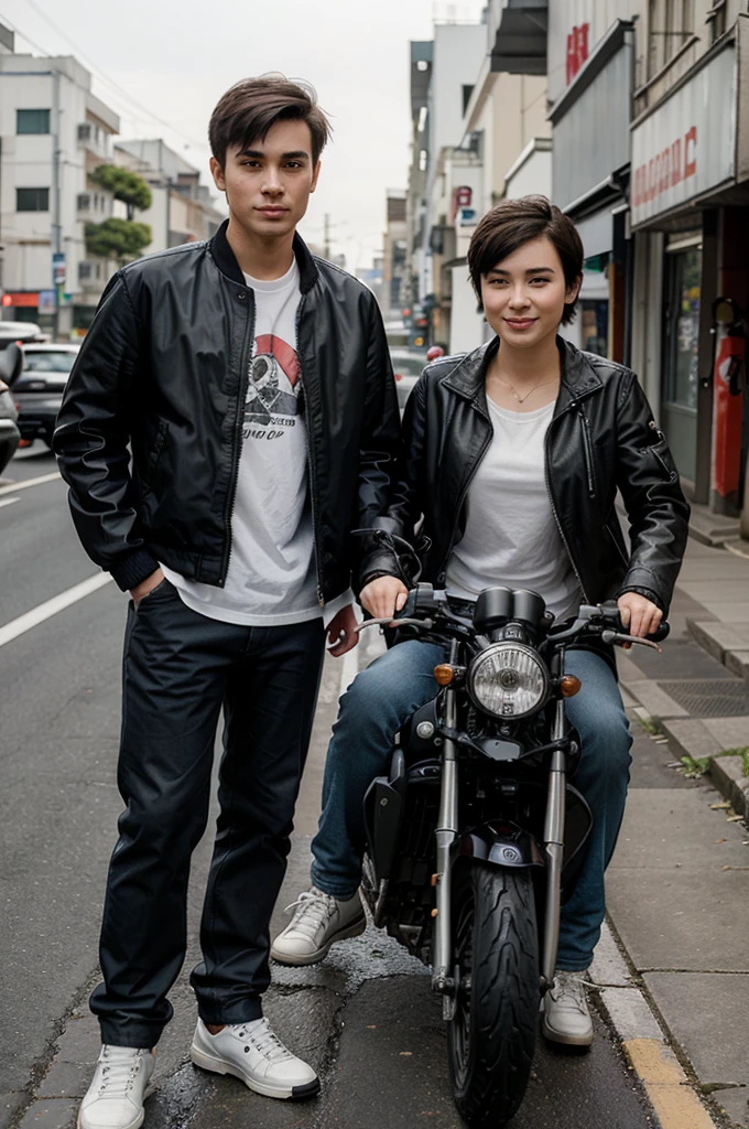 Make a caricature of a 25-year-old boy with short hair and a jacket with long pants and a woman riding a white Vario 125 motorcycle on Pamtai Street