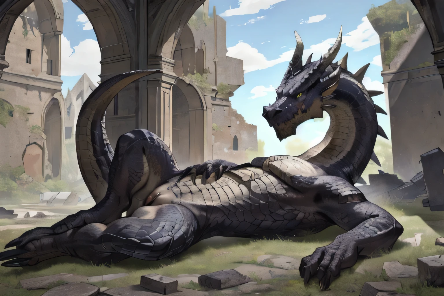 (feral),(fatalis),anus,masterpiece,solo,good anatomy,Fatalis,fatalis,yellow eyes,black sclera,lying in the ruins of a dilapidated castle,