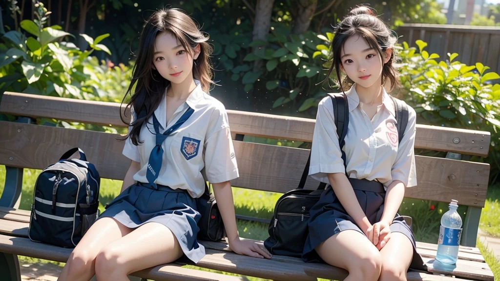 8K、RAW Photos、Highest quality、Super detailed、Super Resolution、Ultra HD、8K壁紙、Amazing details summer、Park with an ocean view、Woman sitting on a park bench、squirt、16 year old school girl in uniform、Drink water、School bag、Blue sky、Shining Sun、Bento、Water bottle
