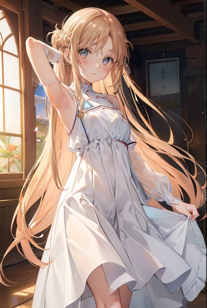 Yuuki Asuna、blush,smile、Brown Hair、、The back is very small、Lolita、Small breasts、Please show me your armpits、exterior: 14 years old、Shoulder Bicle is visible、Sexy thighs、Beautiful feet、Usual hairstyle、Highest quality, High resolution, unity 8k wallpaper, (shape:0.8), (Beautiful and beautiful eyes:1.6), Highly detailed face, Perfect lighting, Extremely detailed CG, (Perfect hands, Perfect Anatomy),