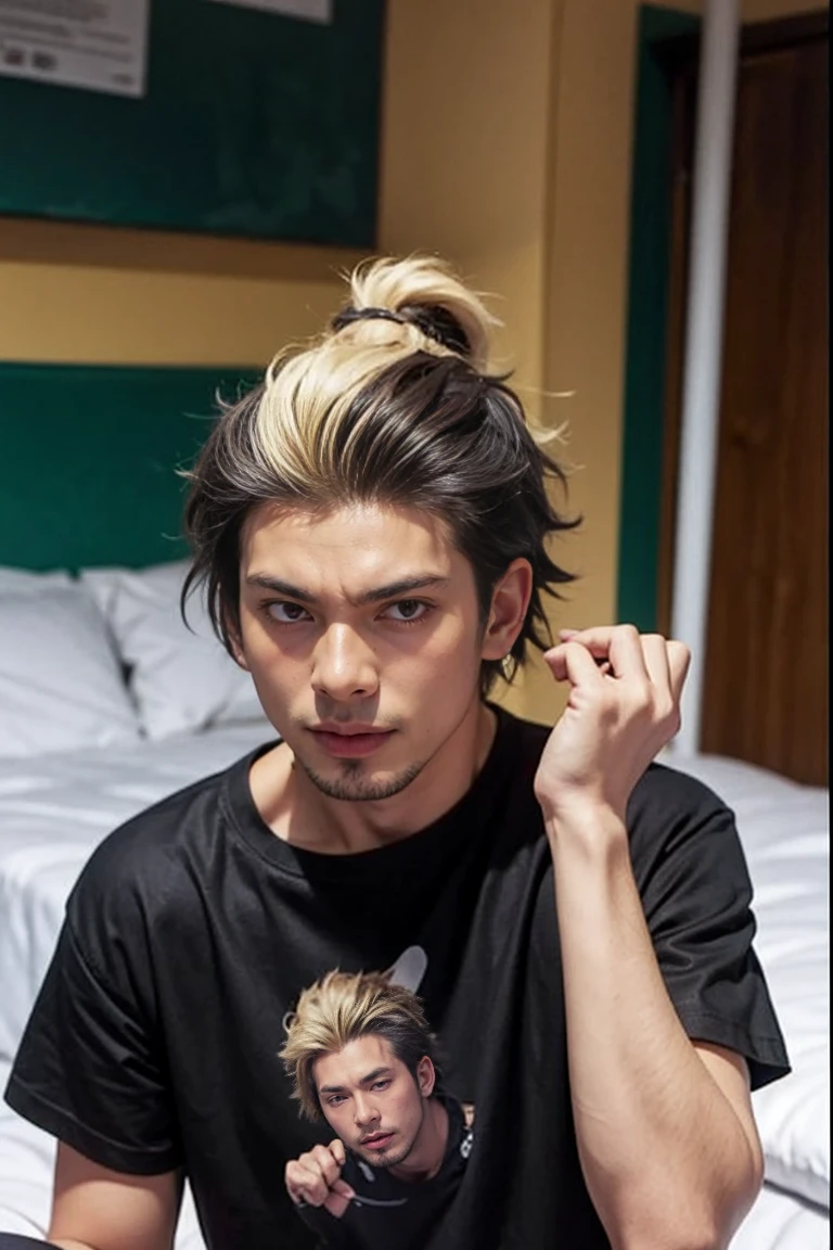 Realistic , handsome Ryuuji Suguro ,black t-shirt ,bun hairstyle
