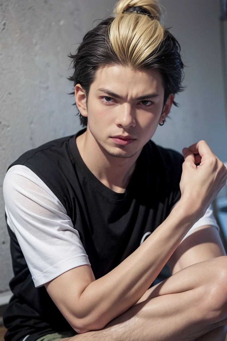 Realistic , handsome Ryuuji Suguro ,black t-shirt ,bun hairstyle
