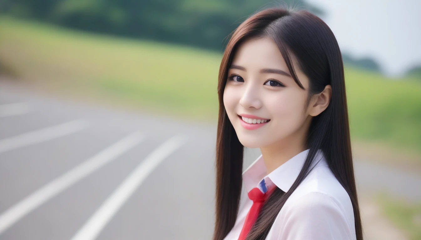 8K, Ultra-high resolution, Highest quality, masterpiece, 三分割法によるphotograph,Surreal, photograph, 1 girl, (16 years old:1.3), pretty girl, Cute face, Beautiful eyes in every detail, 細かくdetailedに,masterpiece,, One Girl:1.2, Japan Female Announcer,whole body,Young Wife,Pale pink collared shirt,Country Road,Looking up at the sky,profile,Pencil Skirt、Full of cleanliness,A carefree smile,Healing the heart,Semi-long layered hair,Looking at the audience、beauty,Long neck、Laugh a little、Please close your mouth and laugh、(((Ideal body type))),A-cup small breasts :2,、Portraiture:2、Perfect ???????、鮮明なdetailed、detailed、Surreal、Light and shadow,Strong light