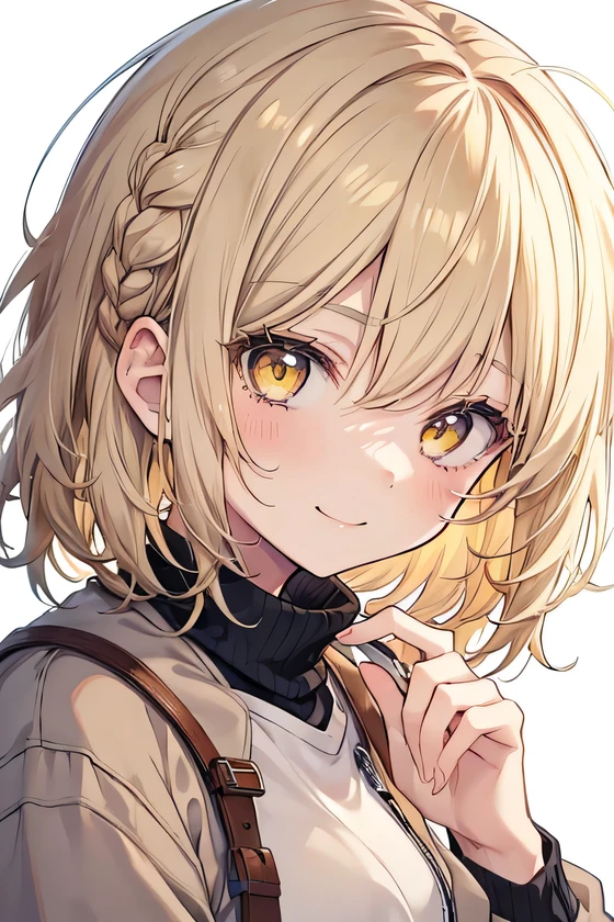 girl, cute anime girl, smiling, beige hair, short hair, hair in a braid on the side, messy hair, yellow eyes moe style anime
