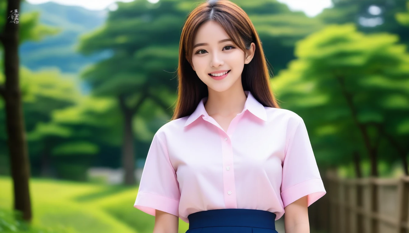 8K, Ultra-high resolution, Highest quality, masterpiece, 三分割法によるphotograph,Surreal, photograph, 1 girl, (:1.3), pretty girl, Cute face, Beautiful eyes in every detail, 細かくdetailedに,masterpiece,, One Girl:1.2, Japan Female Announcer,whole body,Young Wife,Pale pink collared shirt,Country Road,Looking up at the sky,profile,Pencil Skirt、Full of cleanliness,A carefree smile,Healing the heart,Semi-long layered hair,Looking at the audience、beauty,Long neck、Laugh a little、Please close your mouth and laugh、(((Ideal body type))),A-cup small breasts :2,、Portraiture:2、Perfect Anatomy、鮮明なdetailed、detailed、Surreal、Light and shadow,Strong light