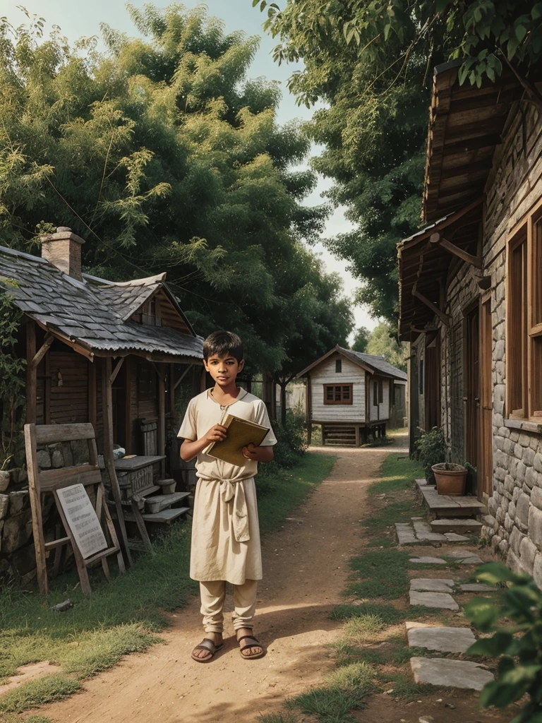 Image description: An illustration depicting a young boy named Vikram in a rural village setting. He is standing near an old tree, holding an ancient manuscript in his hand with a look of determination and realization on his face. Around him are his friends, also looking at the manuscript with curiosity and excitement. In the background, the village is depicted with small houses and a scenic countryside. The image conveys a sense of discovery, adventure, and the importance of determination in achieving one's dreams.