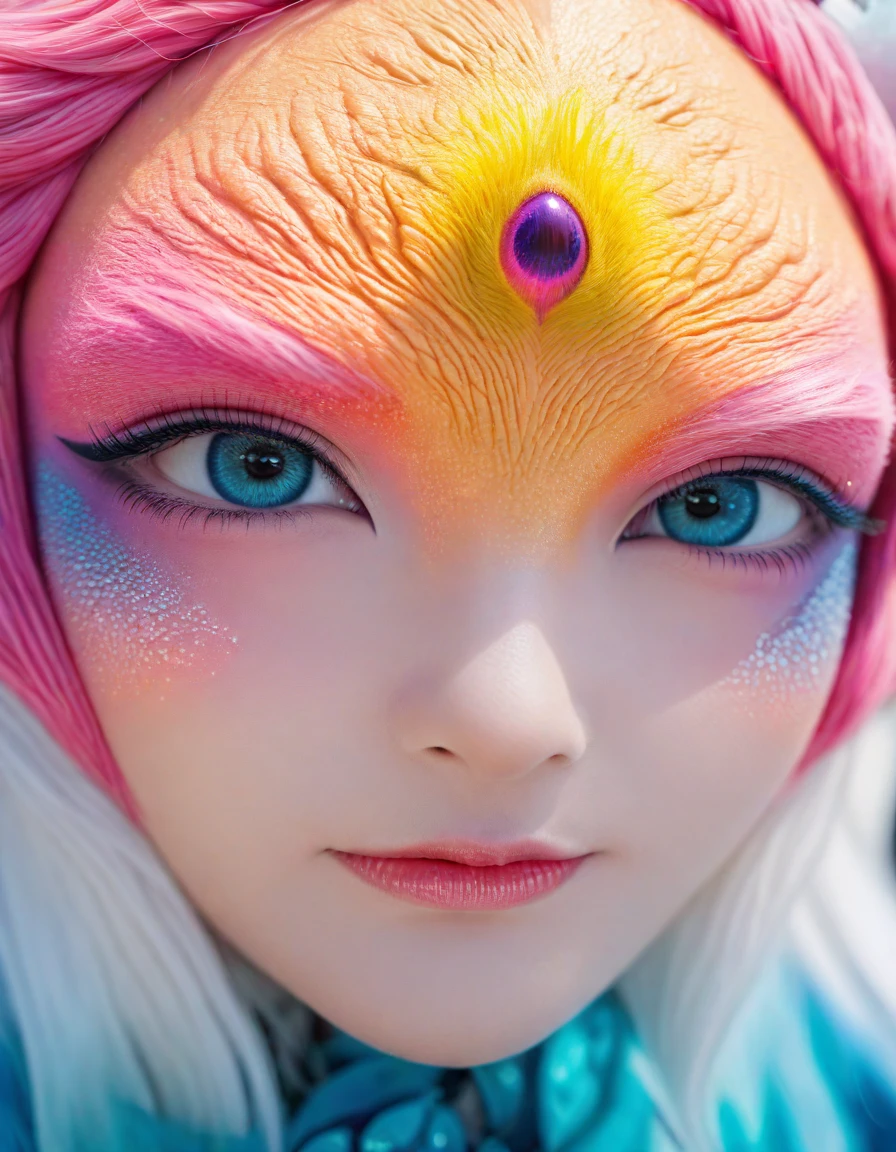 huge, Macro-human origins, a monster creature,Look directly into the camera. This concept image has a bold outline,Rich in details, Blending reality and fractal elements. This creature is colorful., Focus on the face and eyes, Create high-quality masterpieces. 背景Rich in details,But the depth of field is shallow, Enhance the prominence of creatures in the scene.