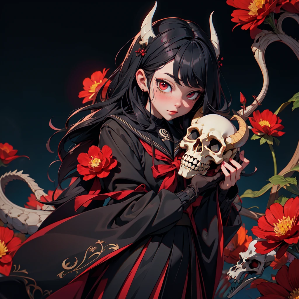 official art, unity 8k wallpaper, ultra detailed, beautiful and aesthetic, High quality, beautiful, masterpiece, best quality, (zentangle, mandala, tangle, entangle:0.6), flat color, limited palette, low contrast, 1girl, serafuku, long straight black hair, lycoris flower, goat skull, (red, black), (horror), (gloomy), blood, gasmask