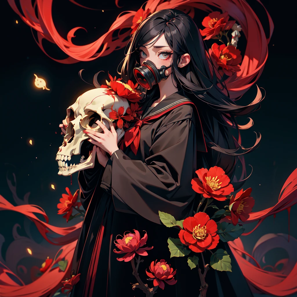 official art, unity 8k wallpaper, ultra detailed, beautiful and aesthetic, High quality, beautiful, masterpiece, best quality, (zentangle, mandala, tangle, entangle:0.6), flat color, limited palette, low contrast, 1girl, serafuku, long straight black hair, lycoris flower, goat skull, (red, black), (horror), (gloomy), blood, gasmask