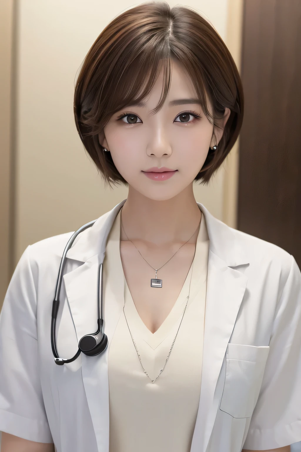Beautiful young woman、 Korean women、Light brown hair、Necklace around the neck、White、Doctor's clothing、Stethoscope、ウェーブのかかった髪、short hair、Intricate details, Very detailed:1.2), 、 Looking into the camera,The background is the inspection room..、ear piercing