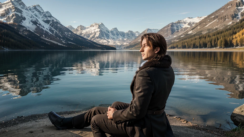 male magician, sitting with his back in fur clothes. on the shore of the lake. Realism