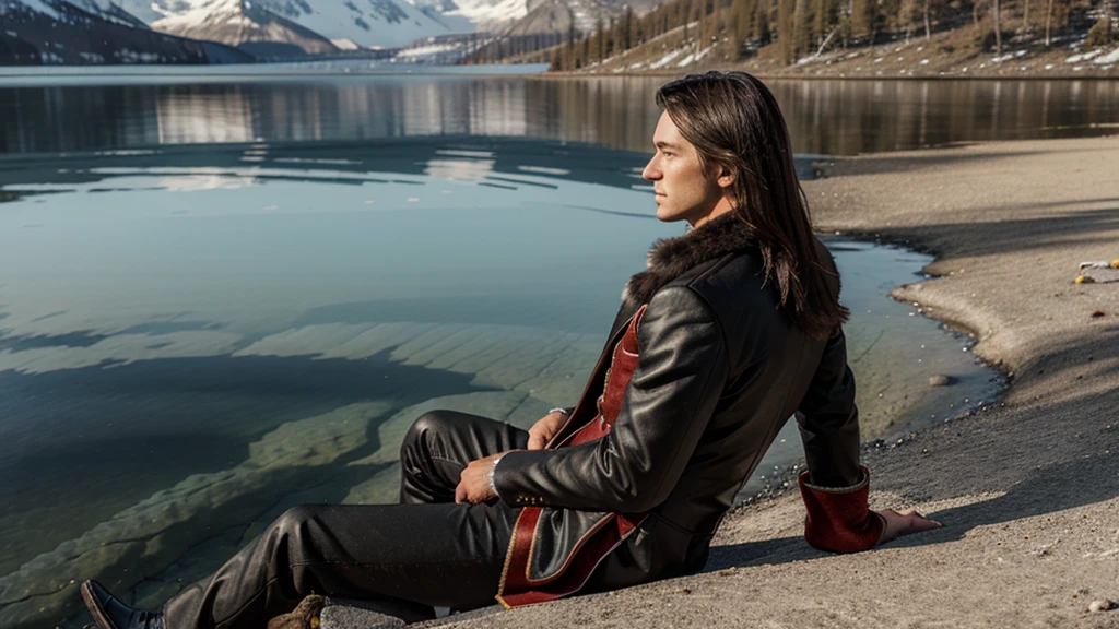 male magician, sitting with his back in fur clothes. on the shore of the lake. Realism