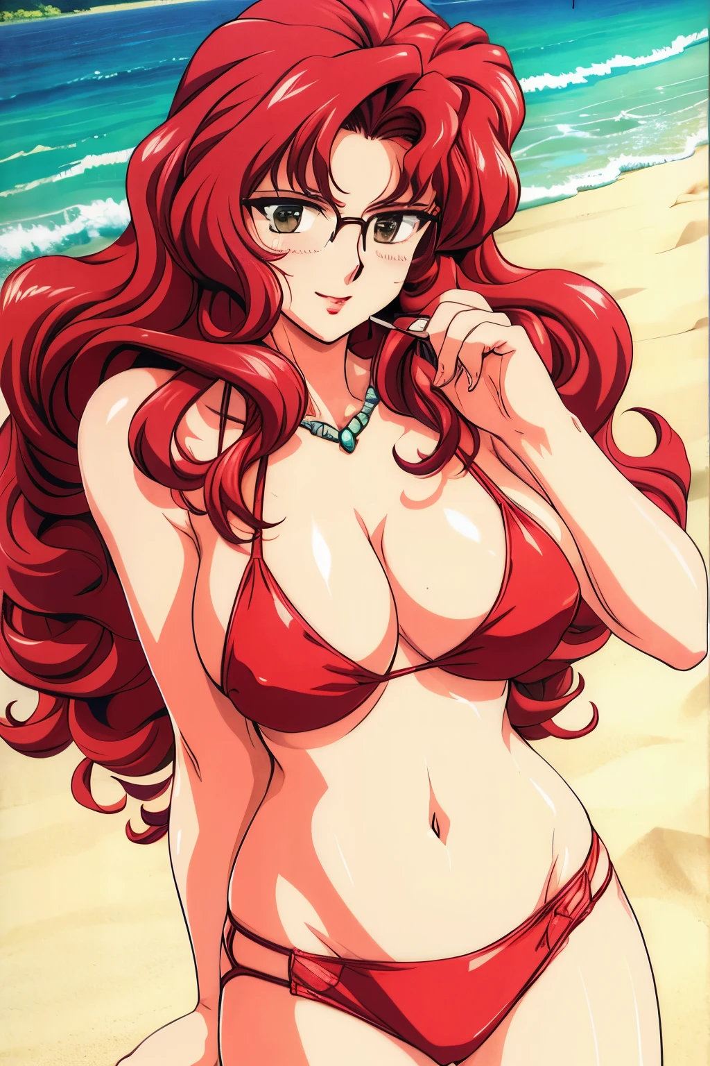 (final romance,rukawa saya,large breasts,ruby hair,long hair,wavy hair,long hair,Glasses,((bikini,beach)),mature female),smirk,blush,lipstick