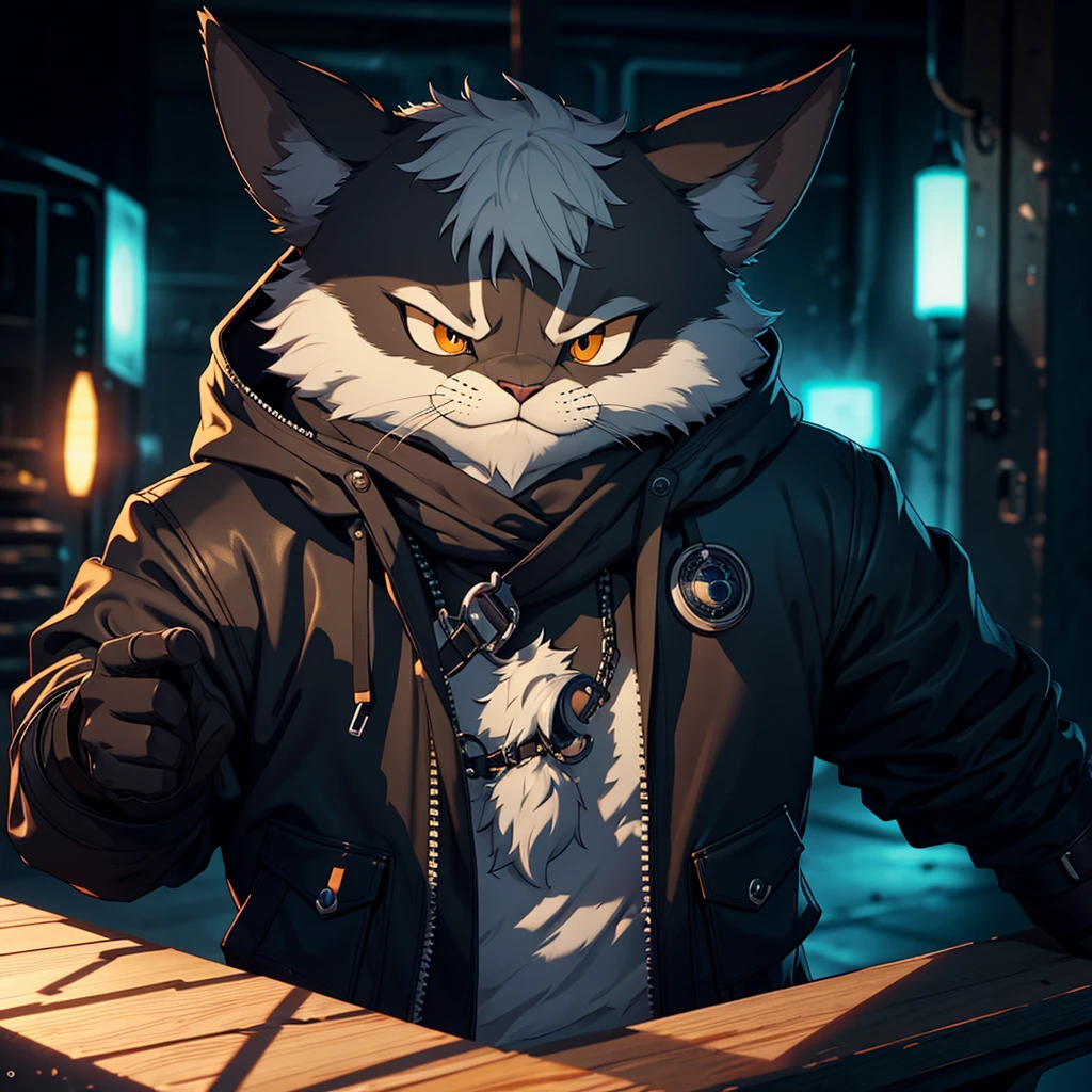 (((highest quality))), masterpiece, (medium shot:1.4), 1 rabbit, Anthropomorphic, evil, villain, handsome, cool, grey fur, tech gadgets, big ears, cool outfit, sword on back, cyber tech, (solid cream background:1.2), side shot, evil smile, facing left, scar on one eye, looking away from camera, futuristic, universe, (masterpiece:1.5), (soft, natural lighting:1.1), high res, ultrasharp, 8K