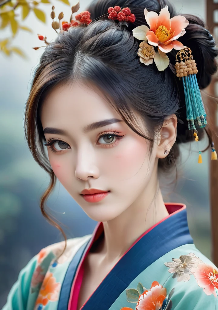 traditional chinese painting style,1 woman,elegant,portrait photography,detailed colorful face,