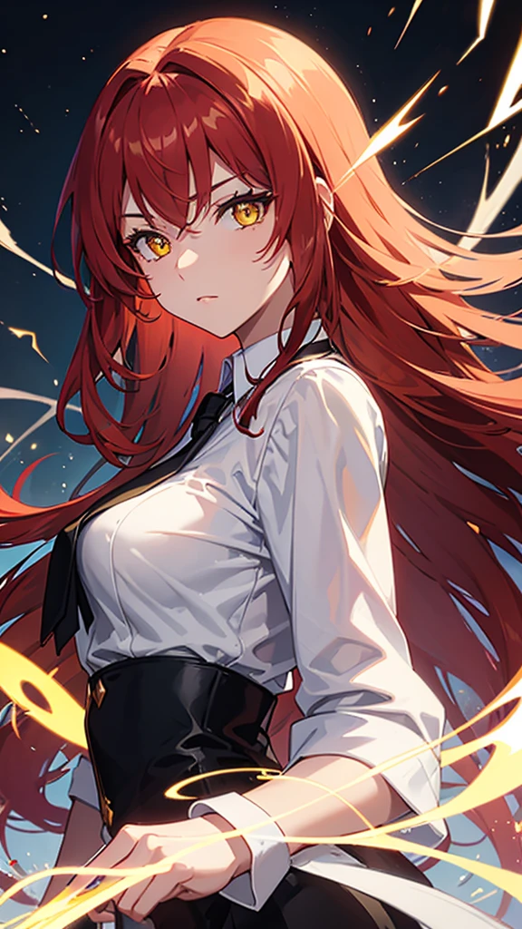 beautiful gorgeous Makima woman staring at the viewer, yellow eyes, sharp, red hair, white shirt, black tie, volumetric lightning, superdetailed