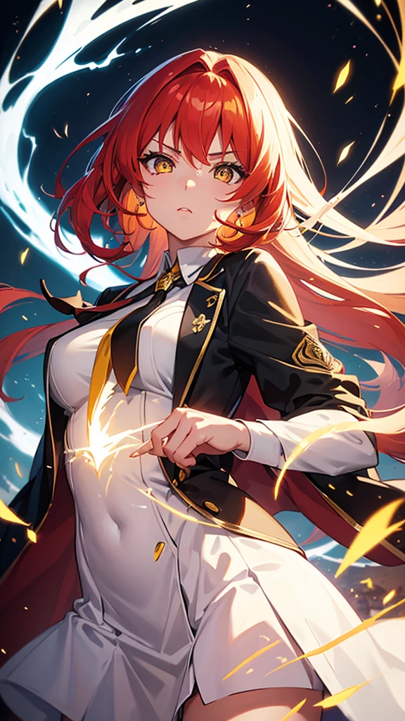 beautiful gorgeous Makima woman staring at the viewer, yellow eyes, sharp, red hair, white shirt, black tie, volumetric lightning, superdetailed