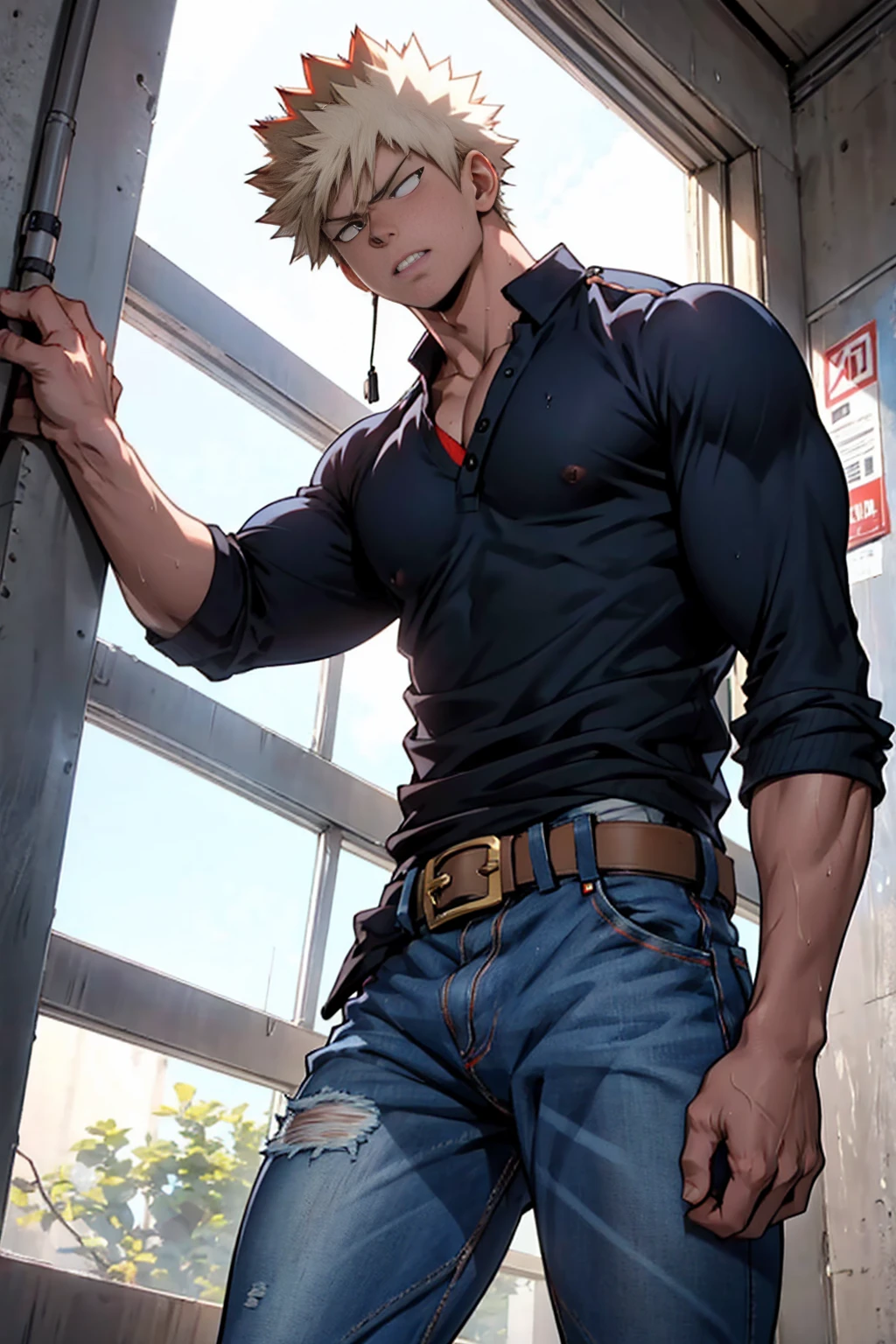 Katsuki Bakugo from Boku No Hero Academia, wearing broken blue jeans with brown belt, serious, bodybuilder, defined body, shirtless, abs, big legs, white empty room, sexy, seen from below, wet body