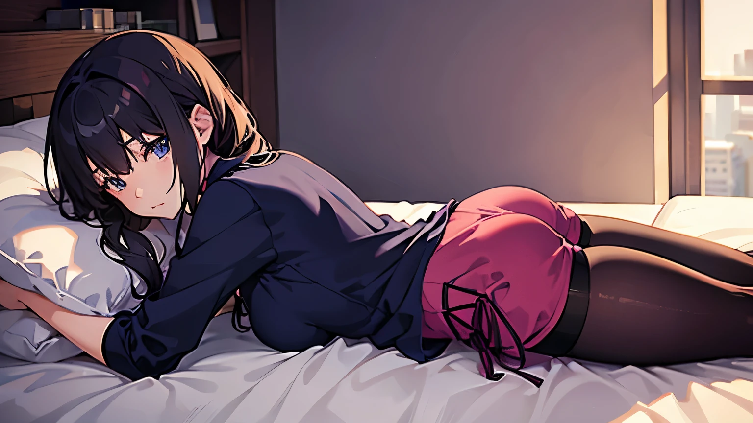 a girl, anime, wearing super tight shorts nightgown, sleeping on your stomach down, back, bedroom, sunlight, beautiful color, detailed, aesthetic, high quality,