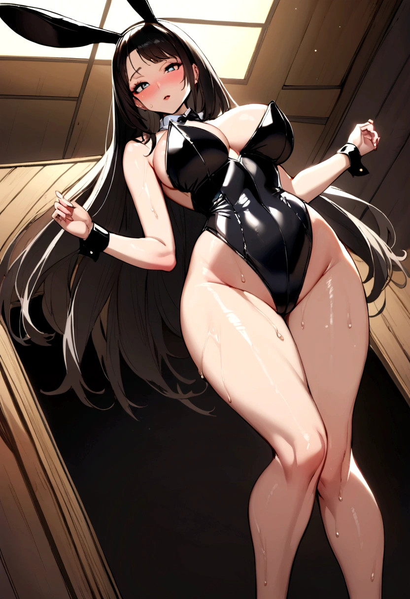 1girl in, Parted lips, blush, makeup, lightsmile, Full body, Wide Angle, frombelow, crass room, llight rays, Glow, thighs thighs thighs thighs, clavicle, Narrow waist, (masutepiece), (Wearing a bunny costume:1.3)、Black costume、Colossal tits、a wet body、full of sweat