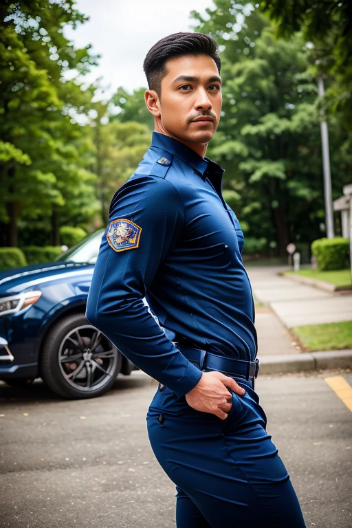 40-year-old boy ,Korean male officer ,Thin mustache...,handsome ,Wear long sleeve police uniform shirt...............,beige dark blue tight trousers, ,((unrealistic super big tight butt wearing pants))............................. Black boots and dark navy gloves.,sit on the ground , His legs spread apart sitting on the ground................................, Police Logo ,tight breasts ,Muscle Man , ((The arm muscles are very large...................)) ,large , Wide shoulders ,open legs, head turn slightly to looking back to the camera, rear shot.......................................... high angle looking down...............,Sexually suggestive, (Dynamic Poses:1.1) , thights , (Embossed Focus:1.2),On your knees........................., empty toilet cubicle at night, Best qualtiy , Wide lens from far ,deep depth of field ,Bokeh background