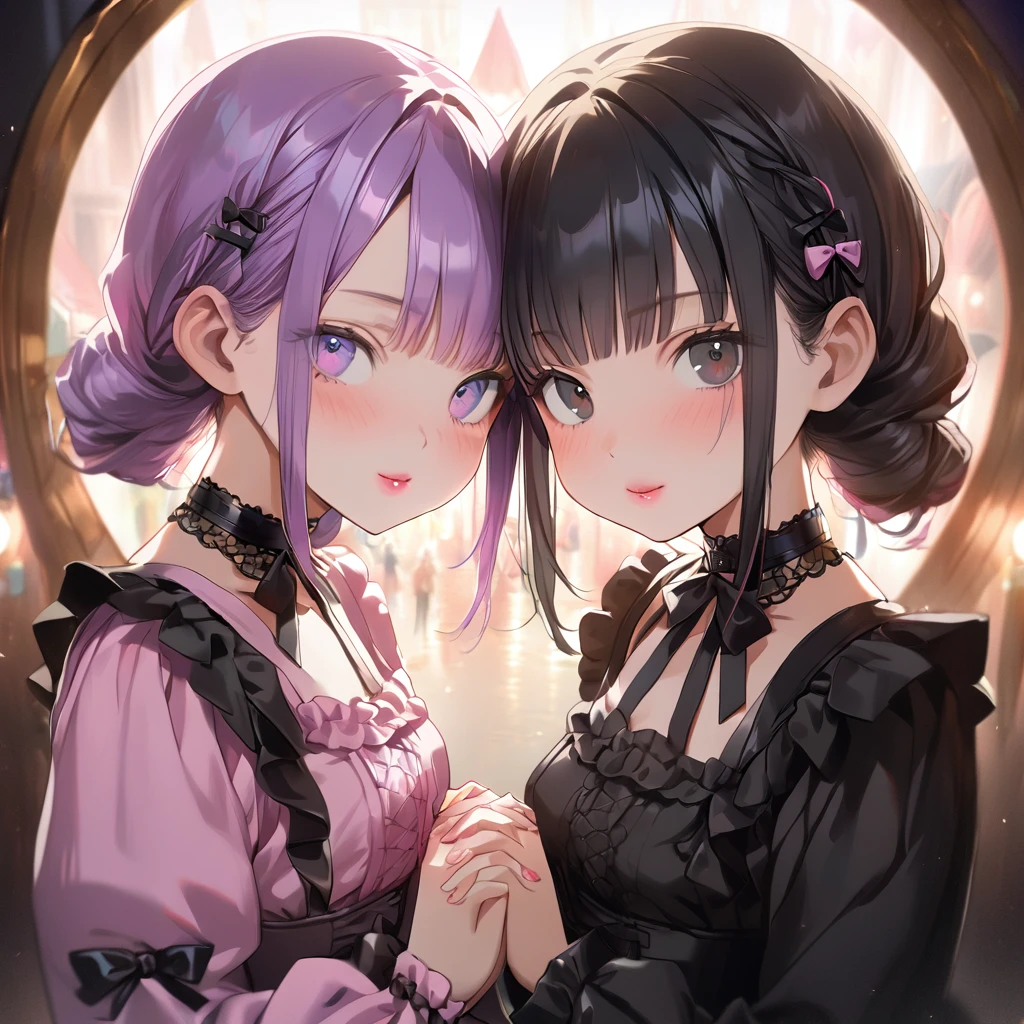 ( 2girls:1.5), (Twin girls, the same face, the same hairstyle, the same eyes, symmetrical posture, cheek-to-cheek,holding hands:1.5), (one girl iwearing Black gothic ta outfit, black boots, from side:1.3 ),2girls with closs hair pin,pale purple hair,wavy two braids,blunt bangs hair,green and black eyes,other girl is wearing
pink shirt,cosplay, jirai kei, bangs, black skirt, black bow, looking at viewer, bow, long sleeves, choker, ribbon,pink lips, :1.4), (masterpiece:1.3), anime visual, (Lovey-dovey:1.5), (tilt head:1.3), extremely delicate face, soft clean focus, realistic lighting and shading, (an extremely delicate and beautiful art:1.3), elegant, (muted colors:1.1), small breast,slim,The Moulin Rouge in Paris, mysterious pink light, a slightly dark room,,smiling,night lit,
