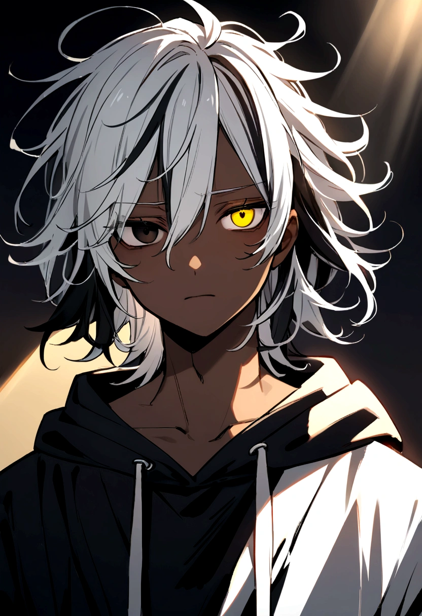 white shirt, wearing a black hoodie , yellow and black eyes heterochromia , , dark expression , Messy hair , Medium length hair , 1 men , multicolored black and white hair , two tone hair , dark skin color