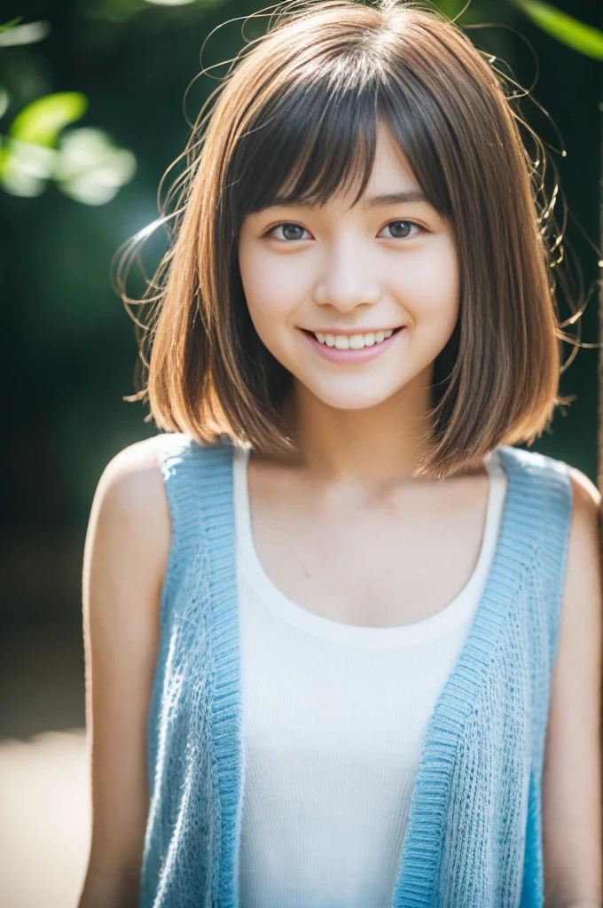 (Full body),(Light blue sleeveless cardigan),(white tank tops), Lens 135mm f1.8, (Best Quality),(Raw photo), (masutepiece:1.1), (Beautiful 16 year old Japan girl), cute face,Dappled sunlight, Dramatic Lighting、(Pink floral shorts),(beautiful thigh),Medium Hair, (Smile),(Sparkling eyes)、
