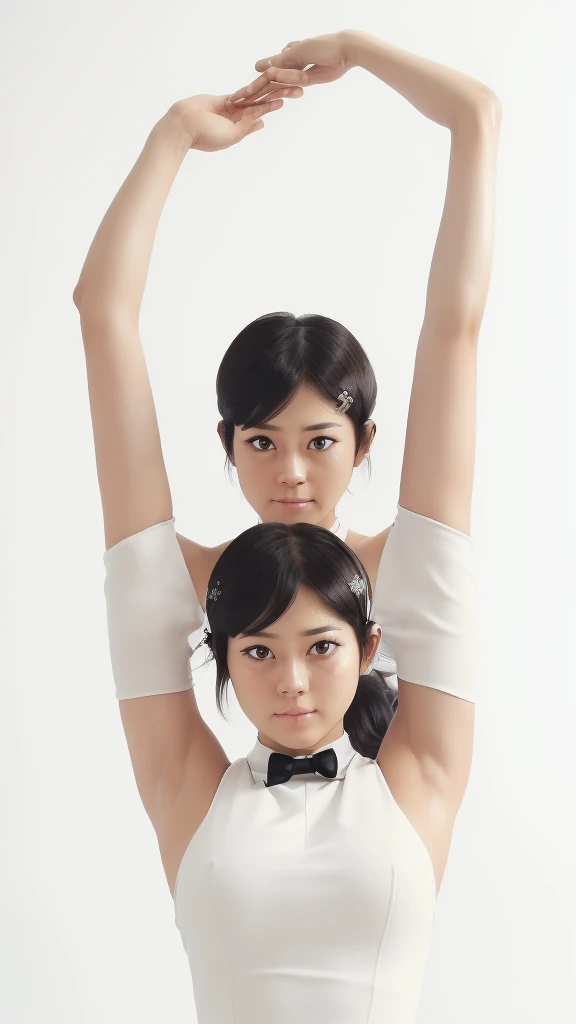 (（（Perfect body,White and tender skin,（（（Black strap dress, black long bow tie, white lining, black hat）））,（（（Kobeni Higashiyama, black hair, hair ornament, hairclip, ponytail, short hair, (brown eyes:1.5),）））,((masterpiece)),highres,((Best quality at best)),masterpiece,quality,Best quality,(（（ Exquisite facial features,Looking at the audience,There is light in the eyes,(（（frown，Wronged））），{from below  focus},photo of a woman,Nude,age,s on one leg,{split leg,one leg up},{arms stretched out,grabbing her own breasts,arms behk,arms over head},happy,white background,simple background）））,（（（Light and shadow,Huge breasts,）））,（（（Looking camera,White background)））)