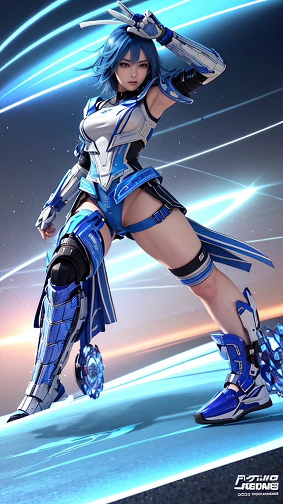 real、Lightning aura、Lightning Energy、Fighting Pose、Blue Hair、cyber punk、Thunder in the background、whole body、Lightning costume、Fighting face、High quality, Ultra detailed, best quality, insanely detailed, beautiful, masterpiece