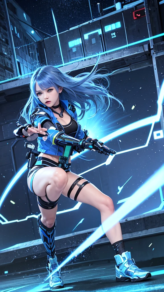 real、Lightning aura、Lightning Energy、Fighting Pose、Blue Hair、cyber punk、Thunder in the background、whole body、Lightning costume、Fighting face、High quality, Ultra detailed, best quality, insanely detailed, beautiful, masterpiece
