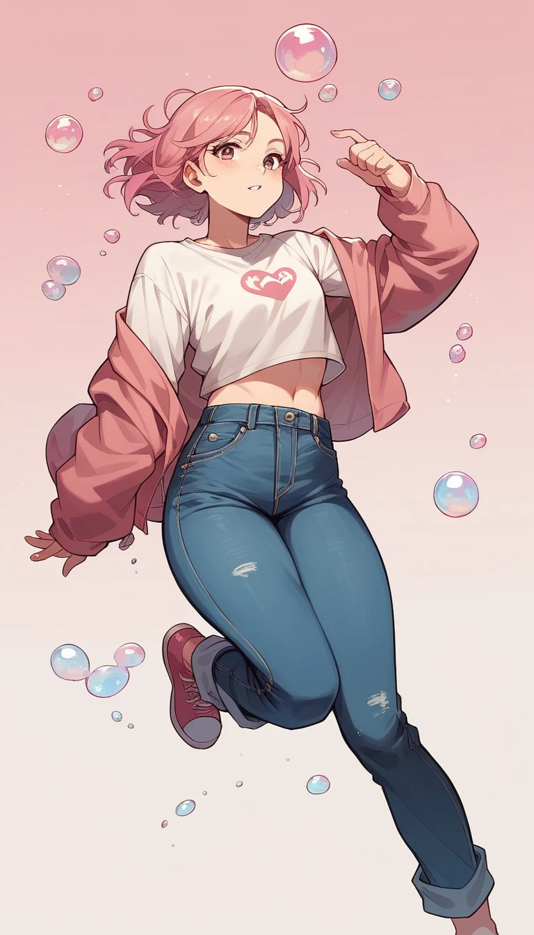 Image of marin kitagawa wearing a pink top and blace jeans, there is a gradient pink background with bubbles flying all over