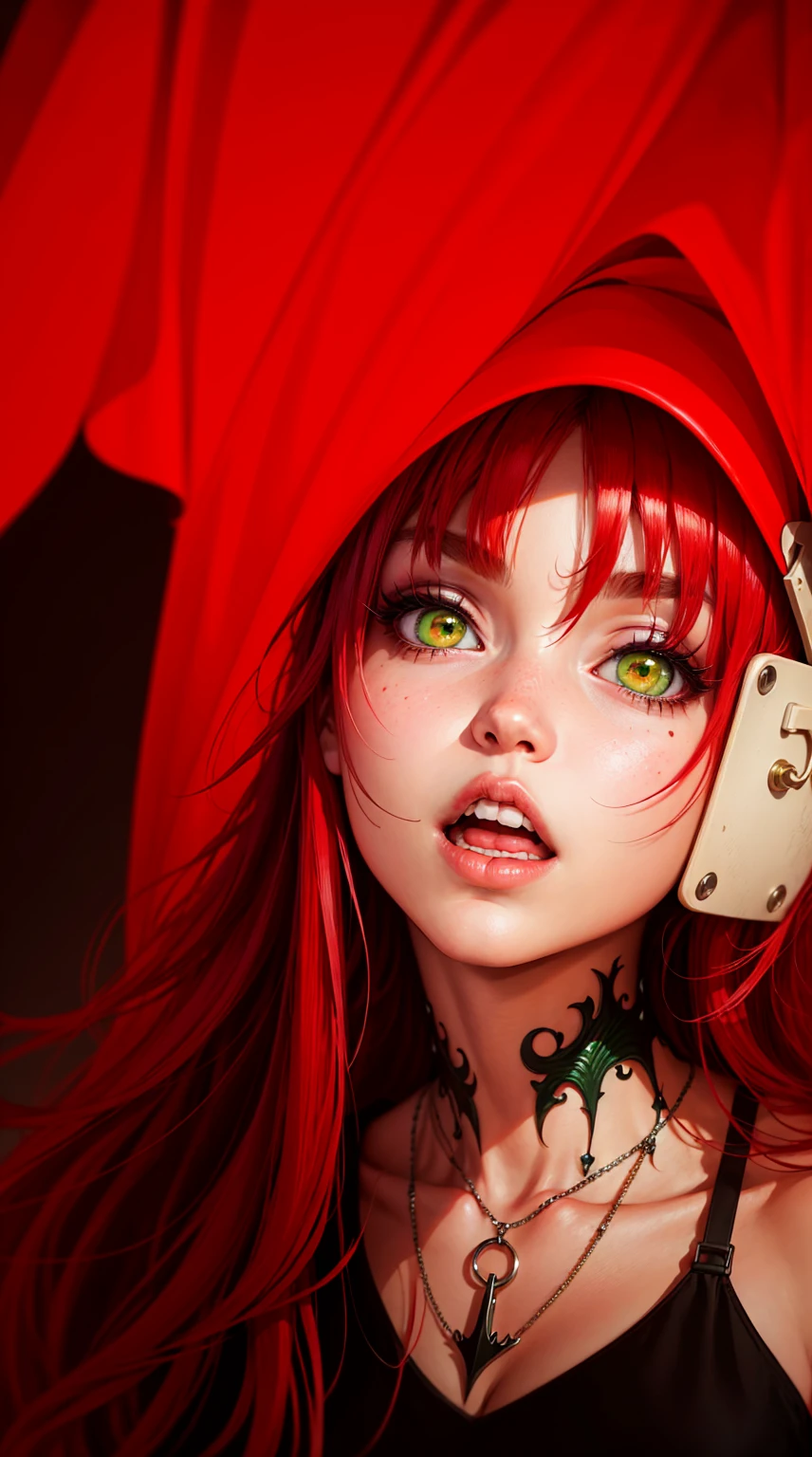 Woman, anime girl, Vampire, red hair, devil eyes, green hair, Gothic art, modern, anime, Realism, Pop art, Art Nouveau, masterpiece, ccurate, anatomically correct, textured skin, super detail, high details, high quality, award winning, best quality, highres, 1080P, 4K, 16k