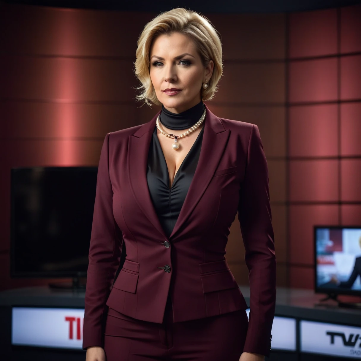 photorealistic, cinematic, raw photo, low angle shot, woman, mature, blond hair, hourglass body shape, big breast, big buttocks ,pixie hairstyle, wearing dark burgundy three-piece suit, black shirt, pearl necklace, tells the news on television, in the studio of a TV channel, confident