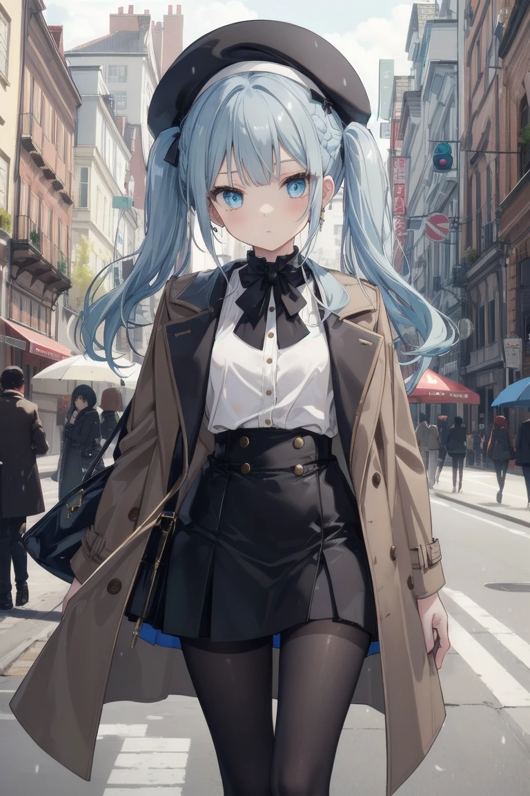 girl, White blouse, mini skirt, Black Pantyhose, Brown overcoat, beret, Are standing, Glamorous clothing, Complex clothing, Light blue hair、Twin tails, A familiar face, Brown and gold tones,