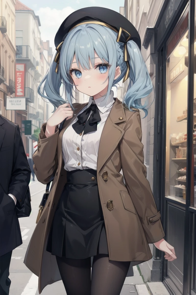 girl, White blouse, mini skirt, Black Pantyhose, Brown overcoat, beret, Are standing, Glamorous clothing, Complex clothing, Light blue hair、Twin tails, A familiar face, Brown and gold tones,