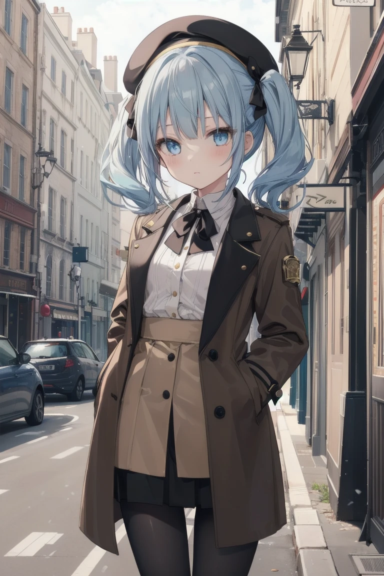 girl, White blouse, mini skirt, Black Pantyhose, Brown overcoat, beret, Are standing, Glamorous clothing, Complex clothing, Light blue hair、Twin tails, A familiar face, Brown and gold tones,