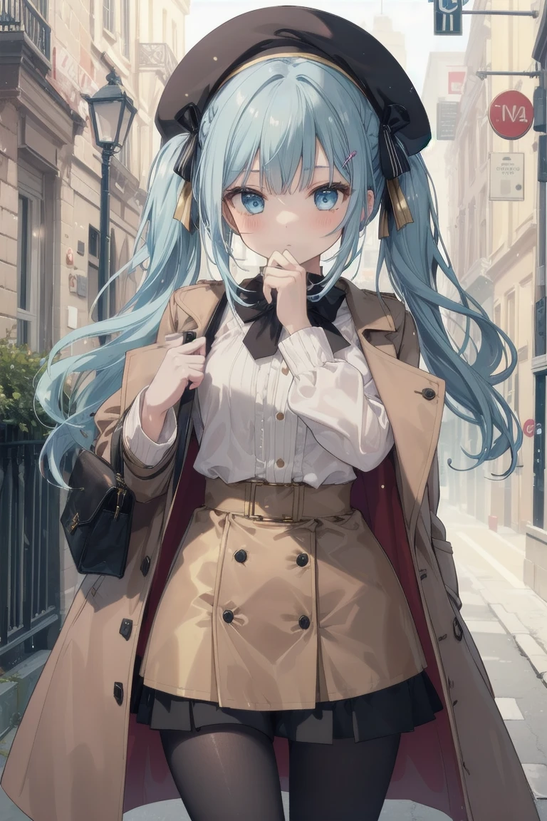 girl, White blouse, mini skirt, Black Pantyhose, Brown overcoat, beret, Are standing, Glamorous clothing, Complex clothing, Light blue hair、Twin tails, A familiar face, Brown and gold tones, 