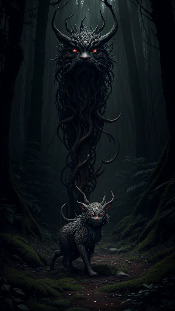 A five-legged yokai in the forest, detailed fantasy creature, highly detailed, intricate design, surreal, dark fantasy, moody lighting, gloomy atmosphere, muted colors, cinematic composition, photorealistic, 8k, hyperrealistic, dramatic lighting, masterpiece