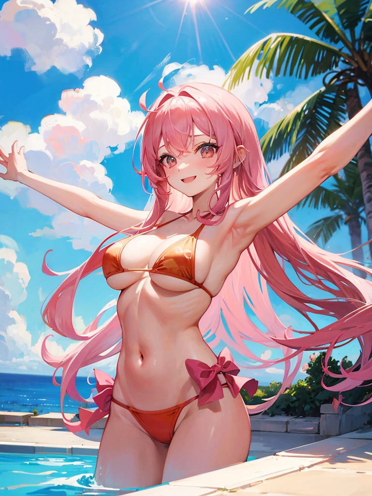 Pink long hair Very big boobs Bikini Swimwear Raising his arms to show his armpits smile Location: Pool