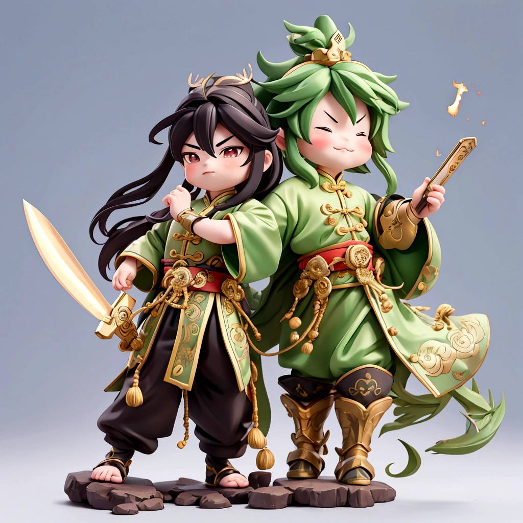 Boys，（Guan Yu：1.5），Mighty and domineering，chibi，armor，（green：0.5），long whiskers，Handheld weapons,（Long-handled knives：1.8），Chinese clothing，whole body