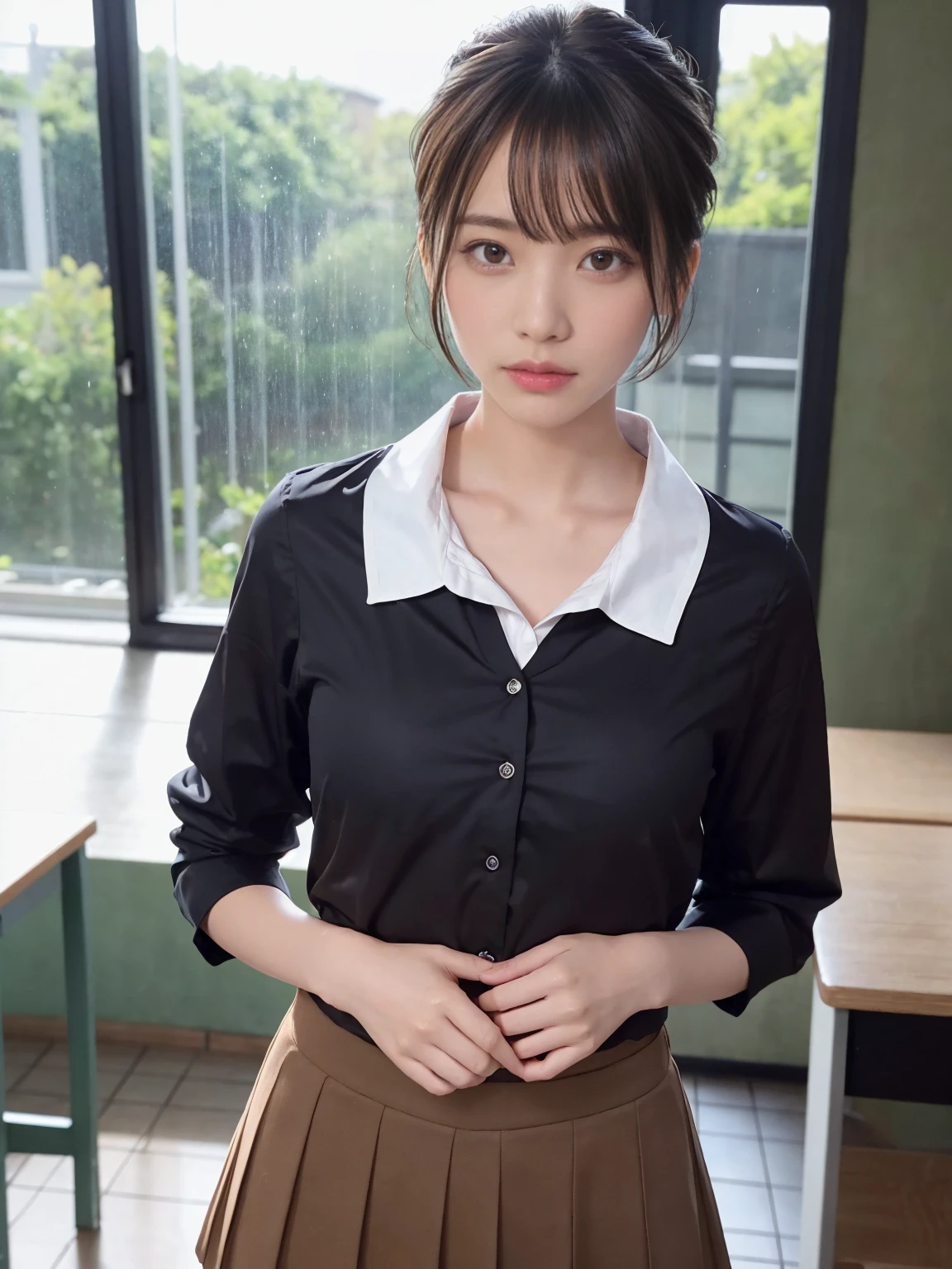 (One woman), hair up, short bob, 18 years old, Japanese, brown eyes, brown hair, slim figure, flat chest, high school girl, school summer uniform, school classroom
Break
Facial expression and background
Her whole body got wet from a sudden rain, and her blouse became transparent, giving a faint glimpse of her bra