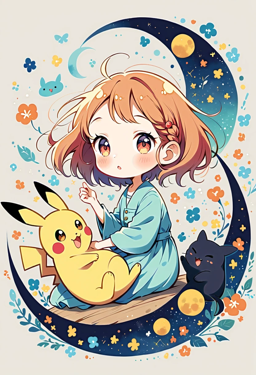 Illustrate a whimsical scene featuring a black cat sitting on a crescent moon, adding elements of Pikachu. The background should be a dreamy sky with shades of purple and orange. Include Pikachu sitting or interacting with the cat on the moon, both looking cute and friendly. Use soft, pastel colors to maintain a magical and serene atmosphere. The overall vibe should be enchanting and charming, blending the elements seamlessly.